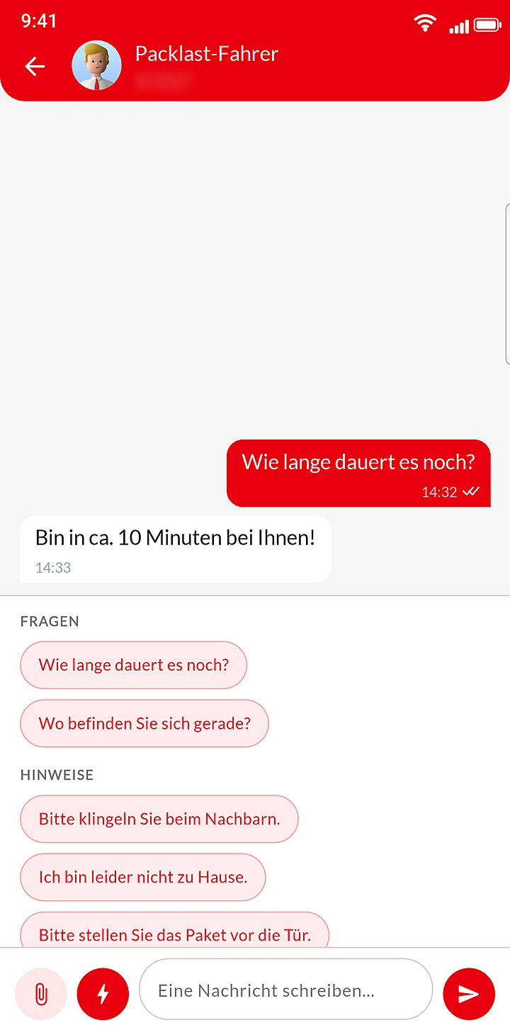 Packlast App: Chat mit dem Fahrer und Schnellantworten