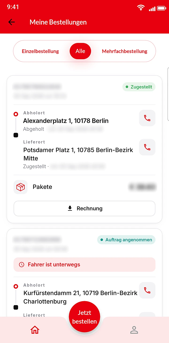 Packlast App – Bestellungen: Status, Zustellzeit und Rechnung je Auftrag.