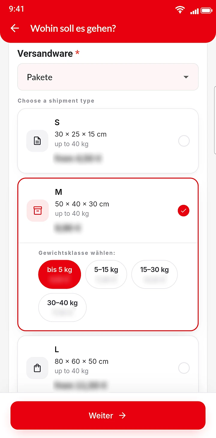 Packlast App – Größe wählen, Preis sehen